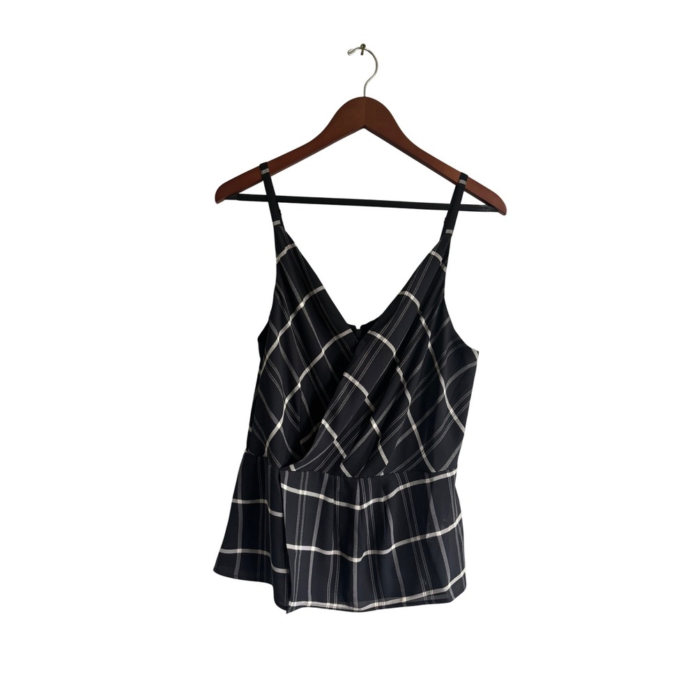 Cabi Black Plaid‎ Sleeveless Peplum Tank Top Adjustable Straps Size 10